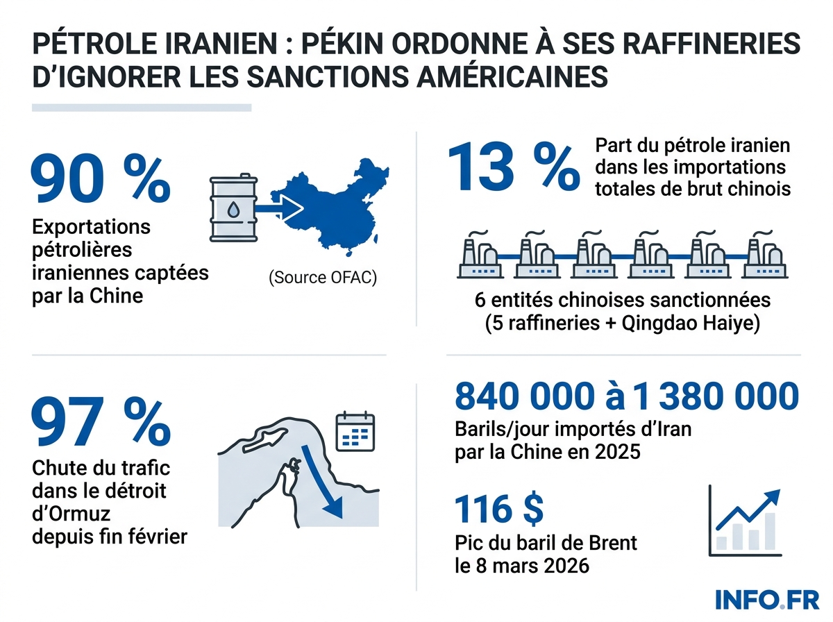 Données chiffrées illustrant la dépendance pétrolière entre la Chine et l'Iran et l'impact du conflit sur les marchés énergétiques mondiaux.