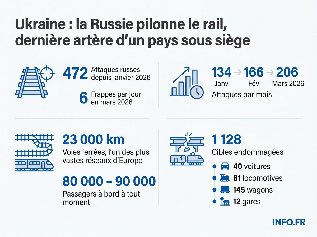Carte et chiffres des attaques russes sur le réseau ferroviaire ukrainien entre janvier et mars 2026
