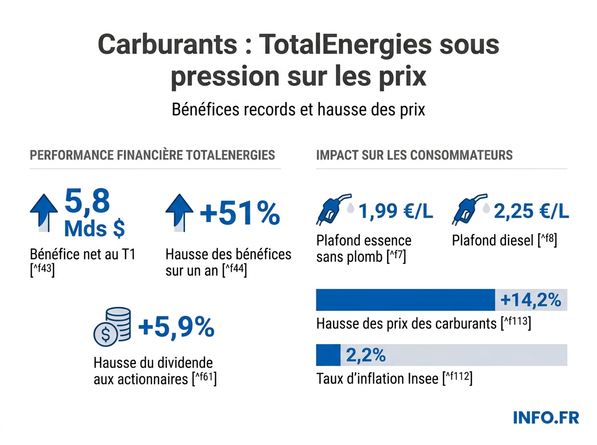 Bénéfices de TotalEnergies au premier trimestre, plafonds des prix à la pompe et indicateurs d'inflation en France.