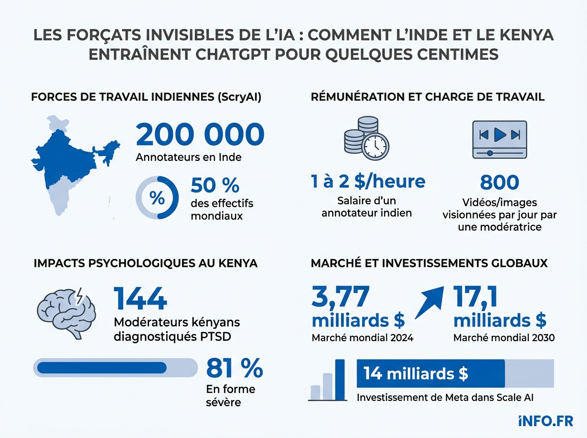 Chiffres clés de l'exploitation des travailleurs de l'annotation de données pour l'IA en Inde et au Kenya.
