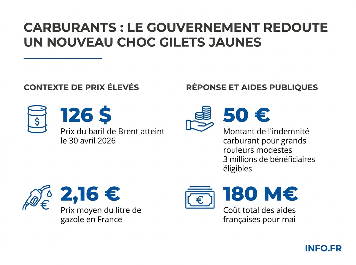 Comparaison entre les aides gouvernementales (50 € par travailleur, 180 M€ au total) et les bénéfices records de TotalEnergies (5,8 Mds$) sur fond de baril à 126 dollars.