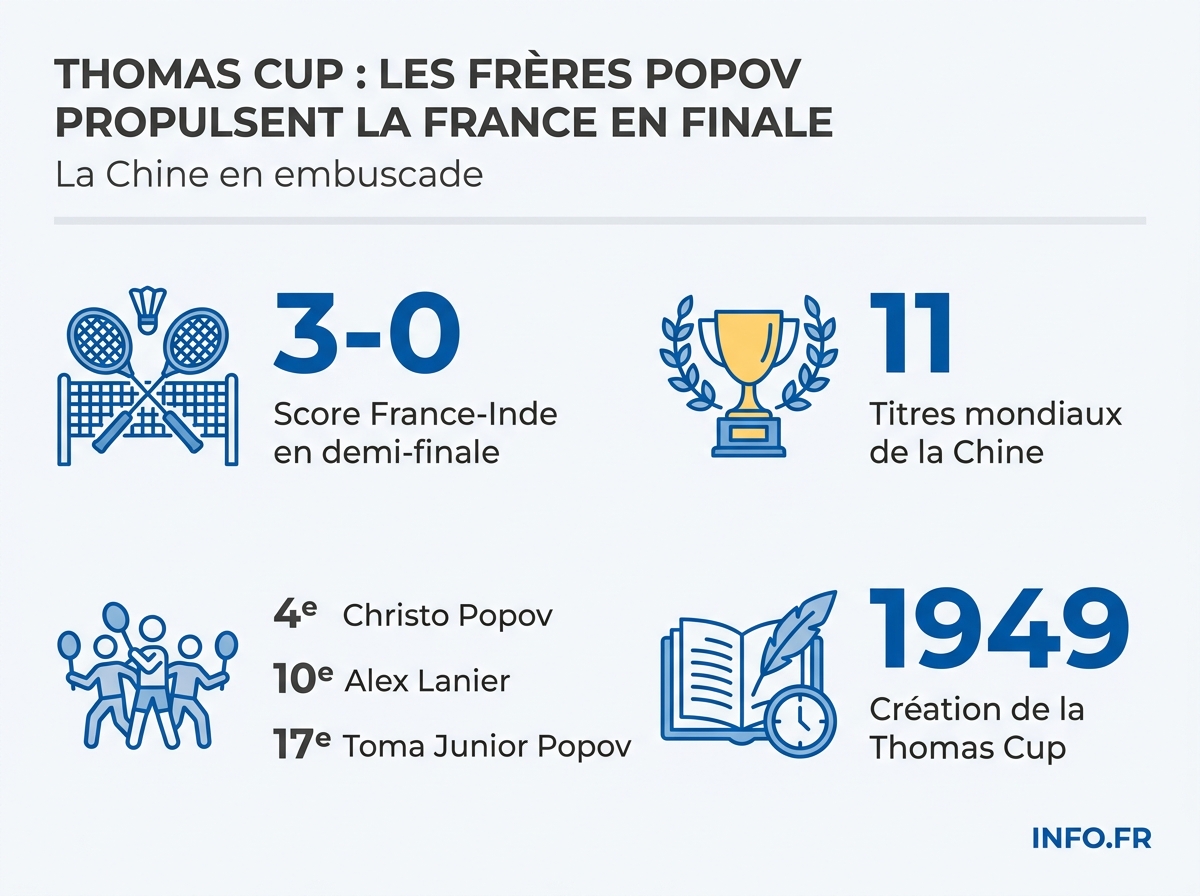 Parcours et chiffres-cles de l'equipe de France de badminton en finale de la Thomas Cup 2026 face a la Chine.