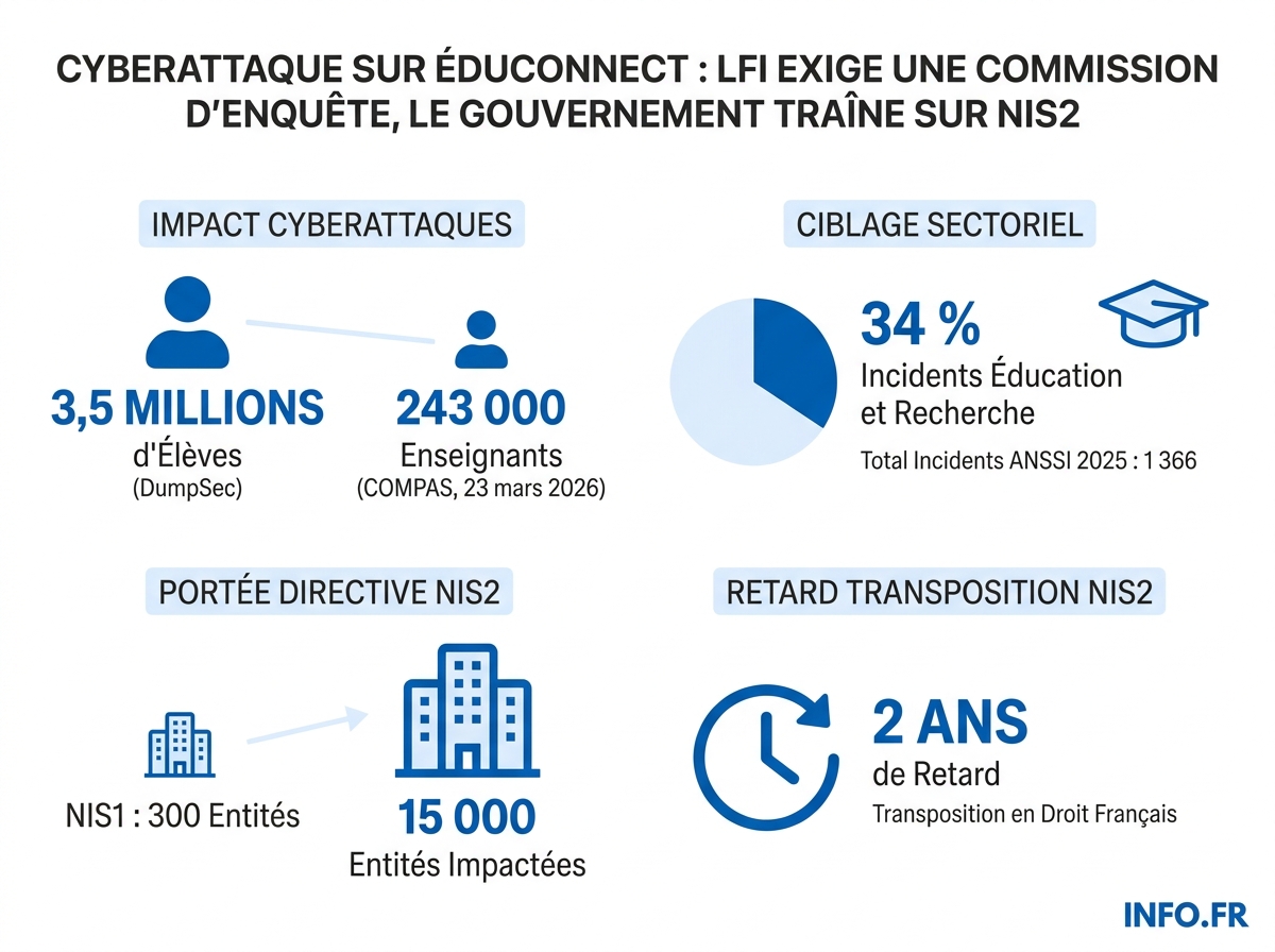 Infographie comparant l'ampleur des cyberattaques contre l'Éducation nationale française et le retard de la France dans la transposition de la directive NIS2.