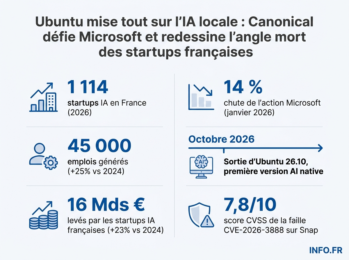 Infographie comparant la stratégie IA de Canonical (Ubuntu) à celle de Microsoft (Copilot) en 2026, avec les chiffres clés de l' IA français et la faille critique du véhicule Snap.