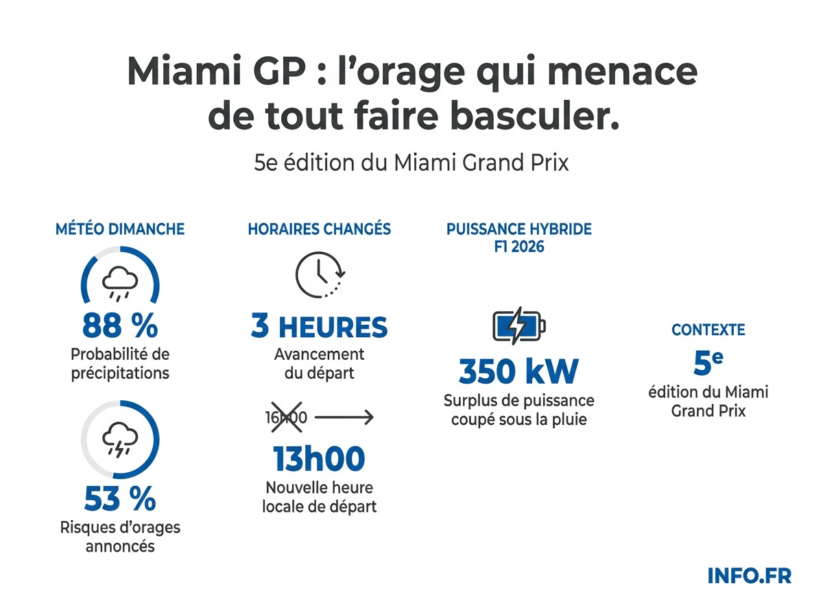 Données chiffrées du Grand Prix de Miami 2026: changement d'horaire, prévisions météo et impacts réglementaires sur la F1.
