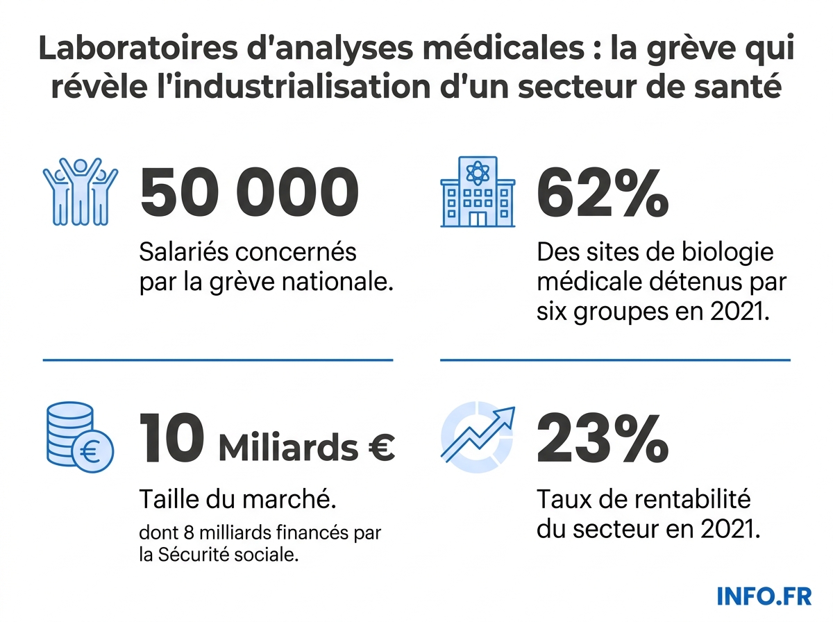 Infographie illustrant la grève nationale du 4 mai 2026 dans les laboratoires de biologie médicale: chiffres clés sur les salaires, la concentration du secteur et la rentabilité.