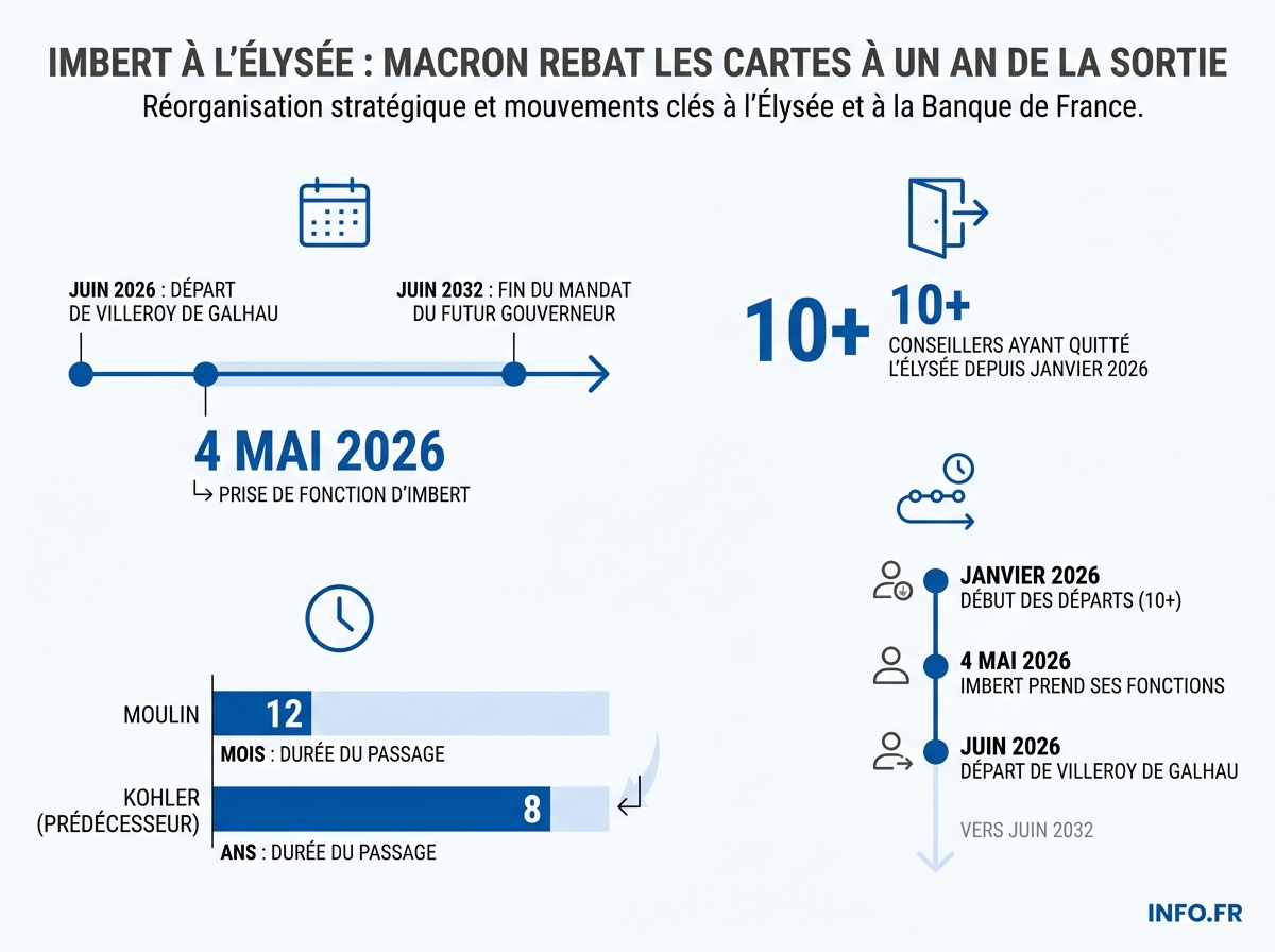 Infographie comparant les durées des mandats des secrétaires généraux de l'Élysée et l'arithmétique du vote parlementaire pour la Banque de France.