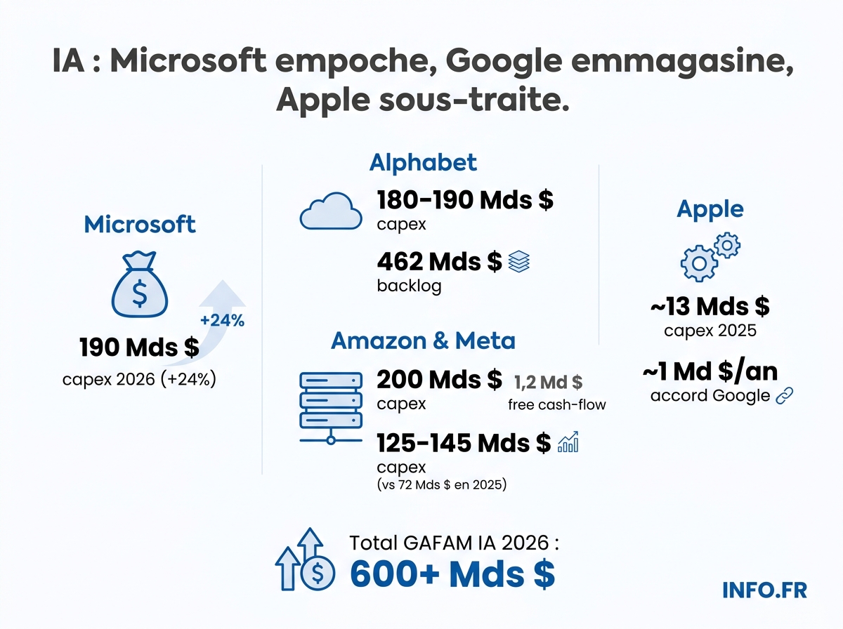 Capex IA 2026 des GAFAM: Microsoft, Alphabet, Amazon, Meta et Apple comparés en milliards de dollars.