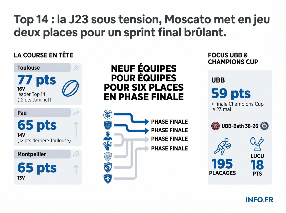 Classement Top 14 à 5 journées de la fin: Toulouse en tête, peloton serré derrière, neuf équipes pour six places en phase finale.