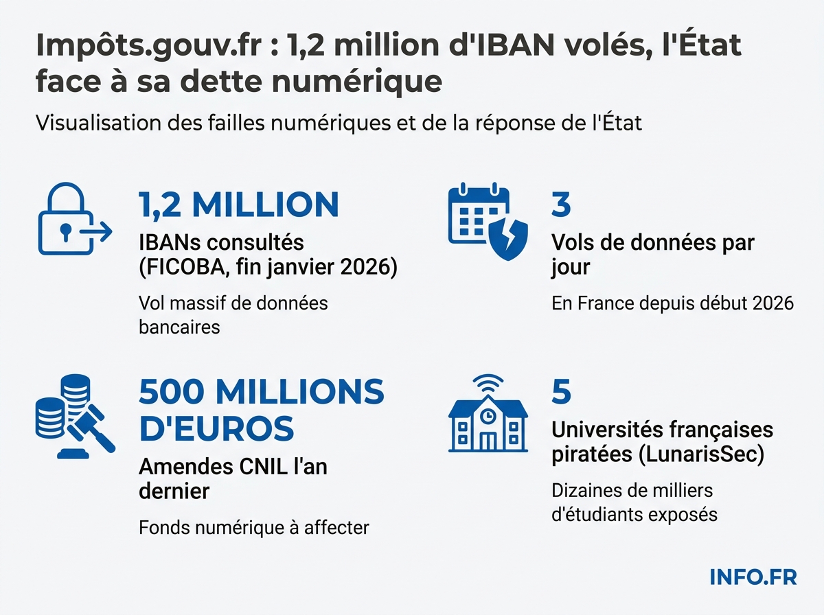 Infographie résumant l'ampleur du piratage FICOBA et le sous-investissement numérique de l'État français en 2026.