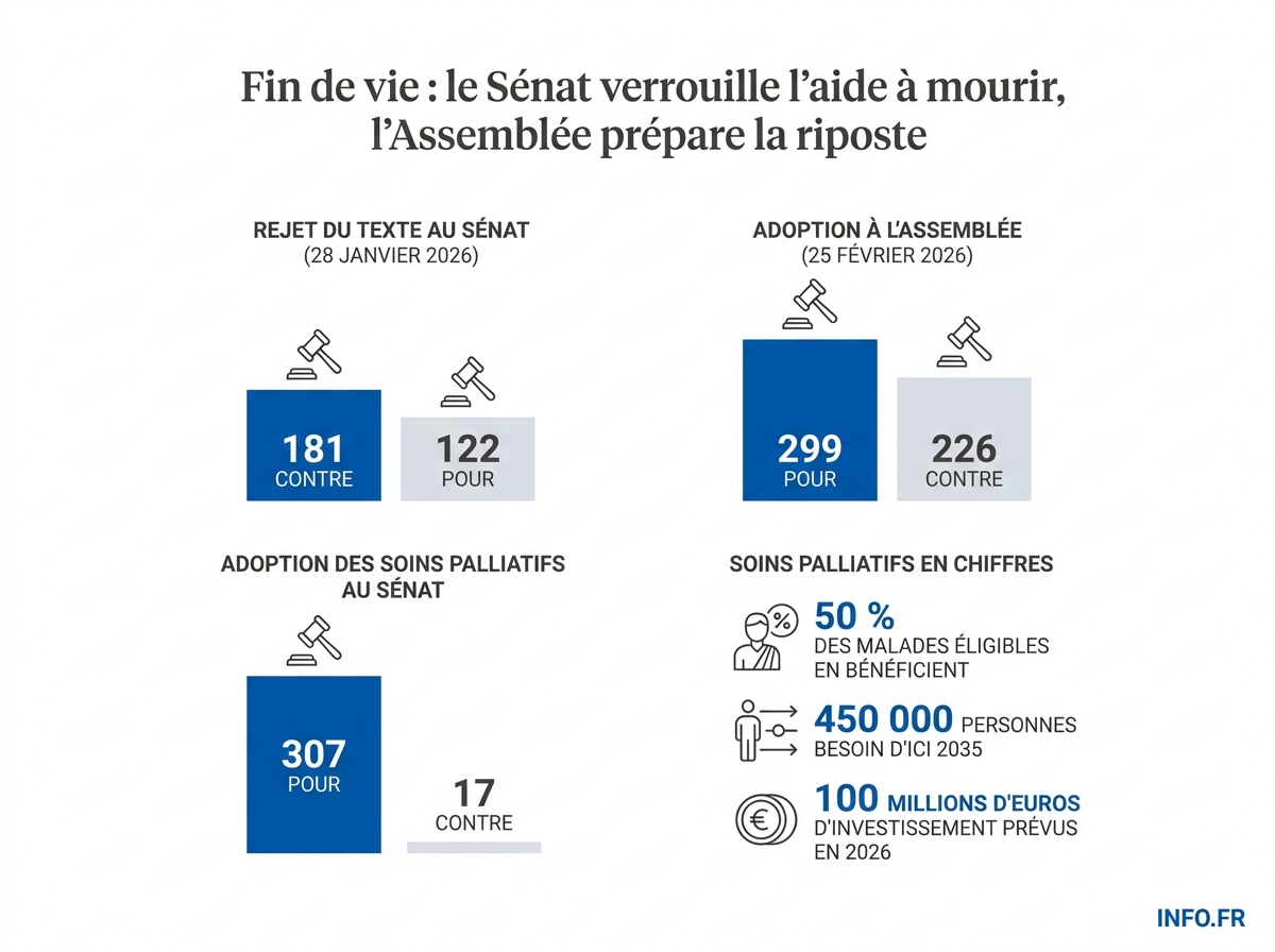 Les votes parlementaires sur la fin de vie révèlent un Sénat divisé et une Assemblée plus consensuelle.
