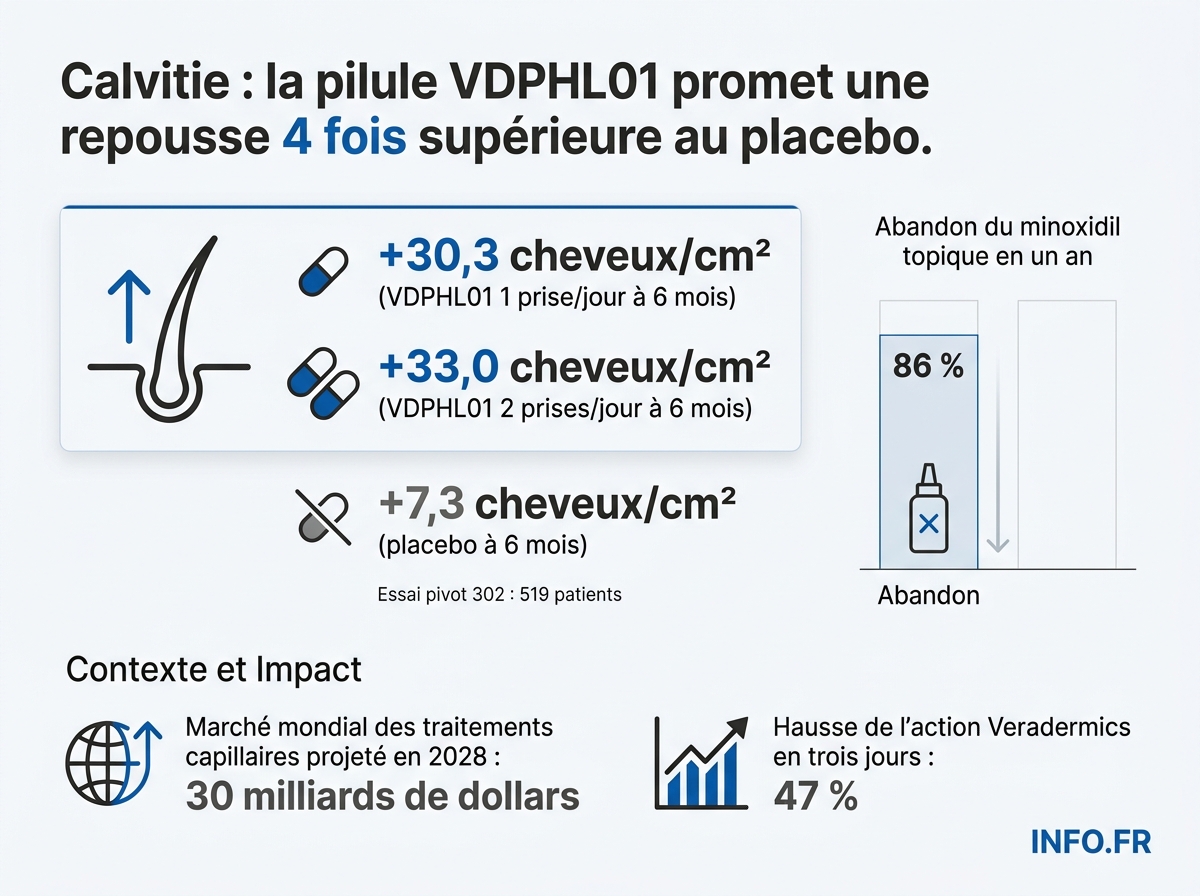 Comparaison des résultats de repousse capillaire entre VDPHL01 et placebo dans l'essai pivot 302 de Veradermics.