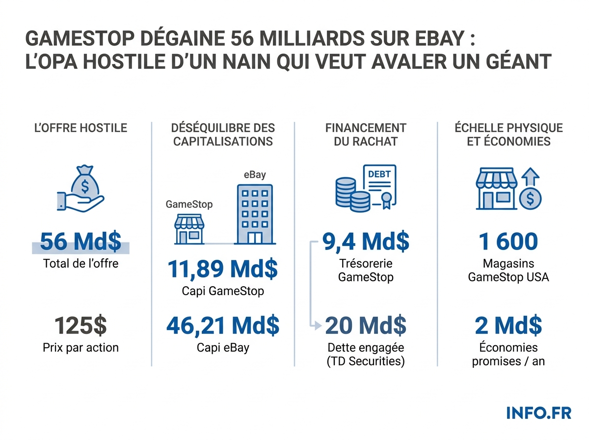 Comparatif financier de l'OPA GameStop sur eBay: capitalisations boursières, montant de l'offre et financement engagé.