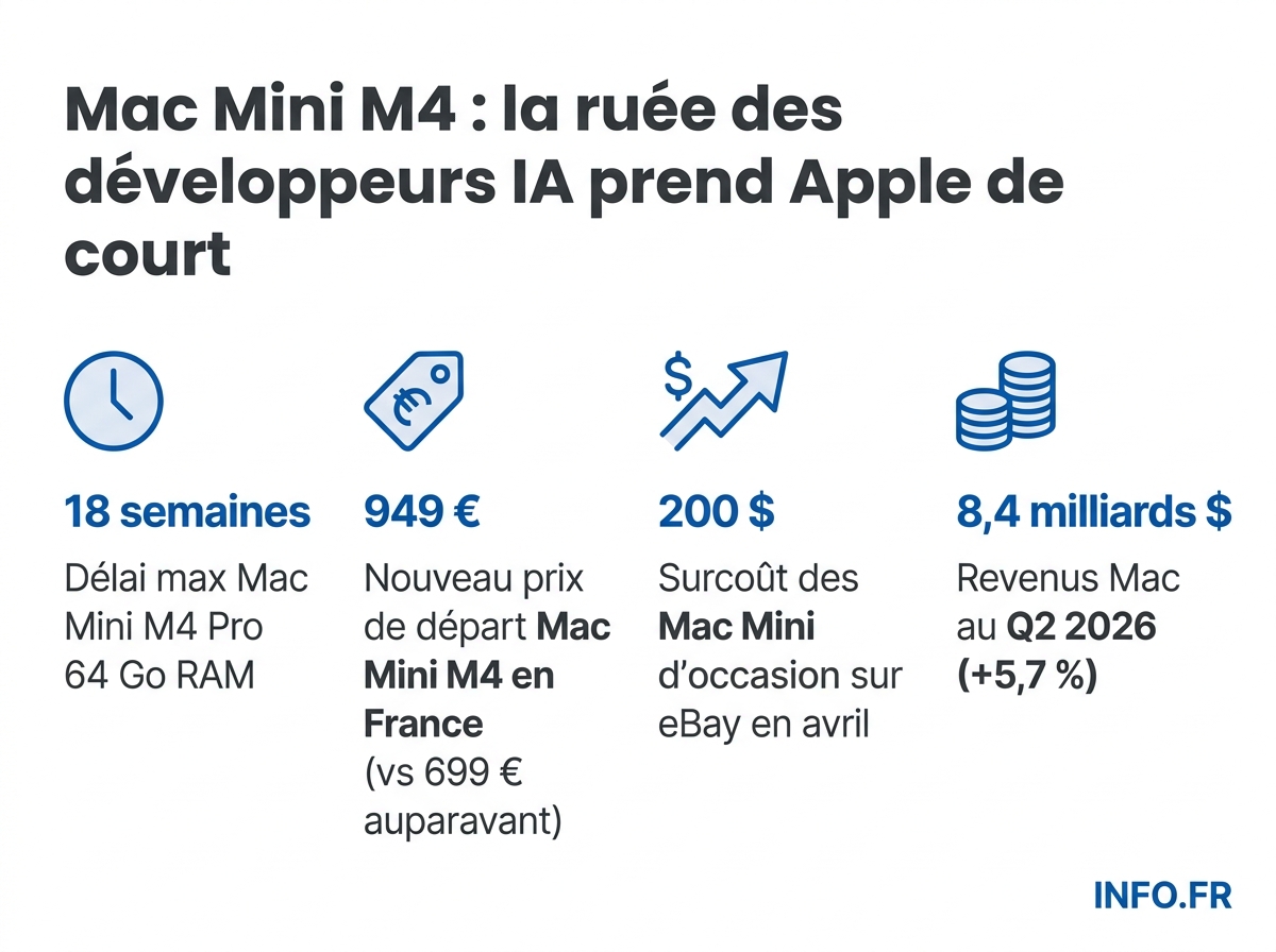 Chiffres clés de la pénurie Mac Mini M4: délais, prix et impact de l'IA locale en 2026.