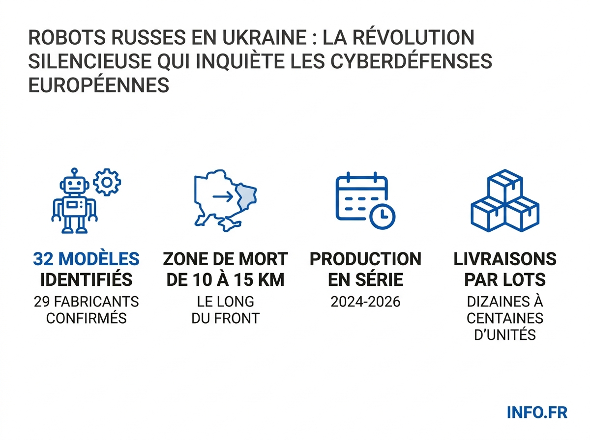Les chiffres clés du déploiement de robots terrestres russes en Ukraine et de la cyberguerre russe en Europe en 2026.