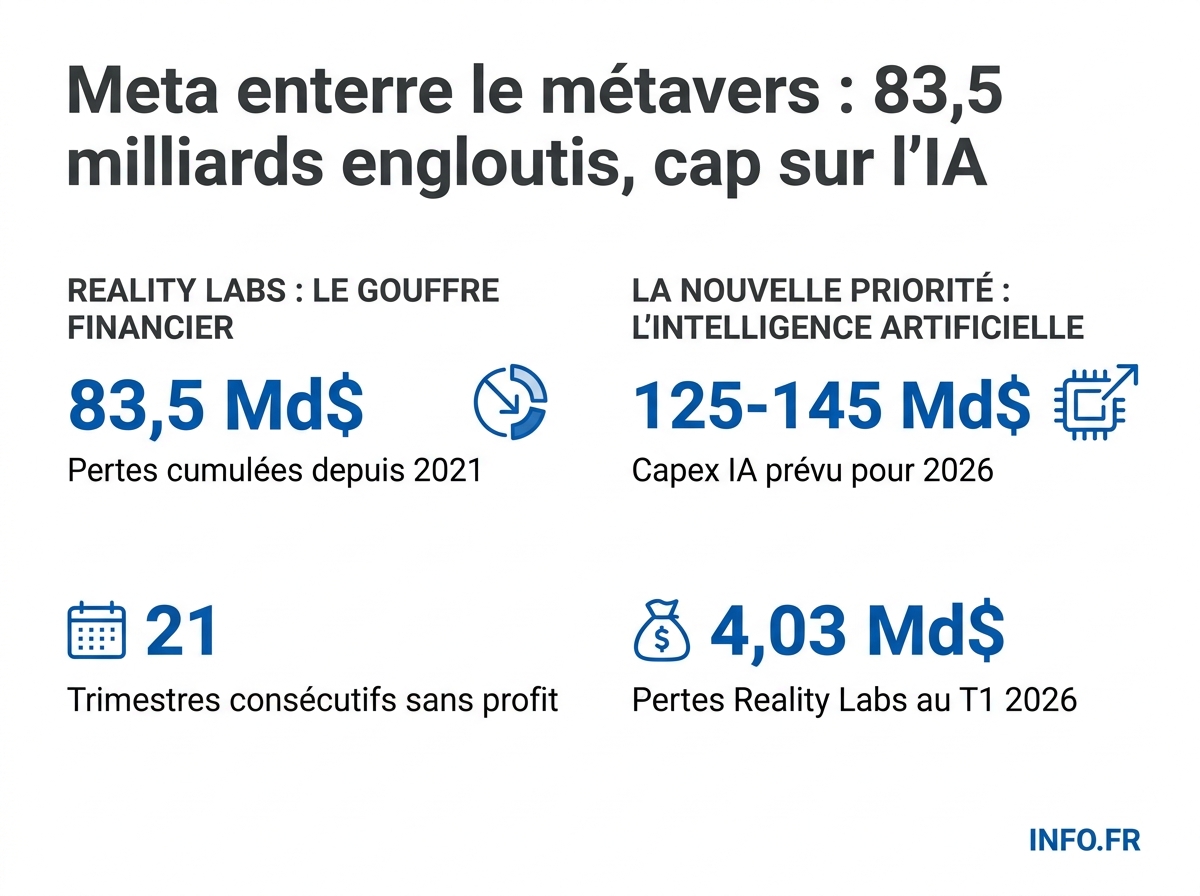 Infographie présentant les principaux chiffres du démantèlement de Reality Labs et du pivot de Meta vers l'intelligence artificielle.