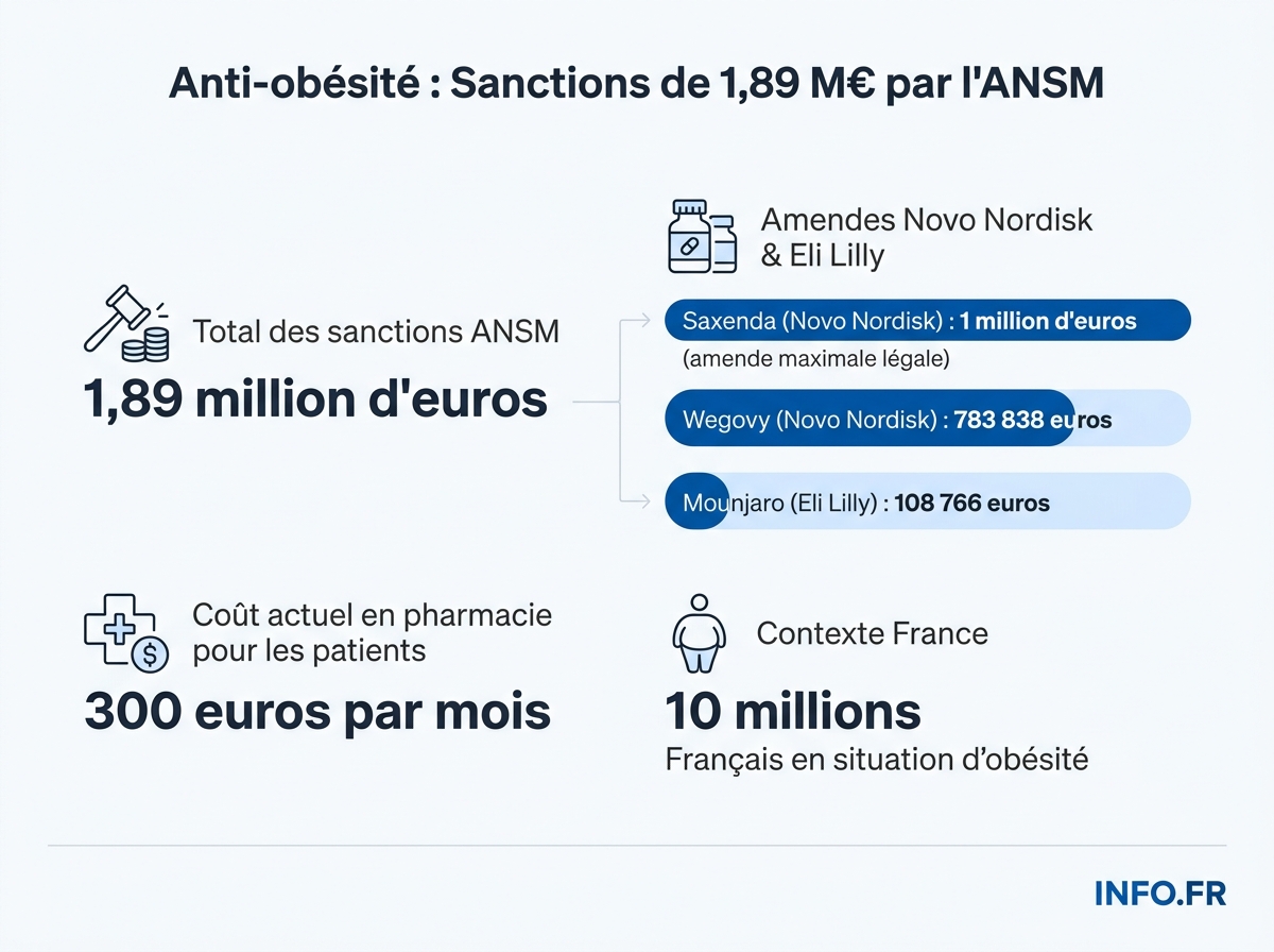 Détail des sanctions financières prononcées par l'ANSM le 29 avril 2026 contre Novo Nordisk et Eli Lilly pour publicité déguisée sur les médicaments anti-obésité.