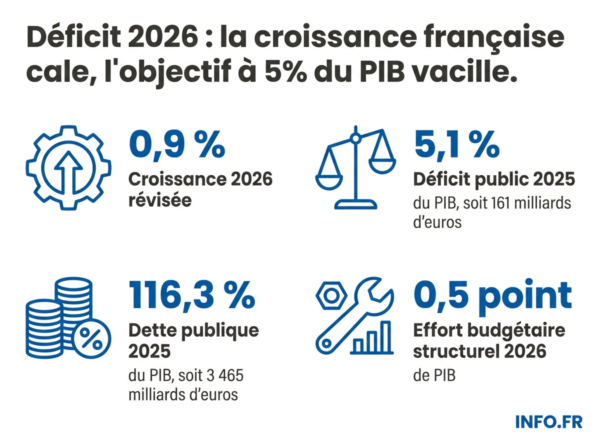 Indicateurs cles de la trajectoire budgetaire francaise 2025-2026: croissance, deficit, dette, charge d'interets.