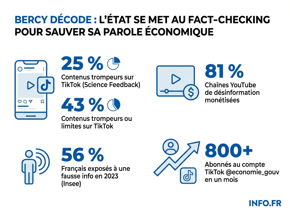 Niveau de désinformation par plateforme et exposition des Français aux fausses informations économiques en 2023-2026.