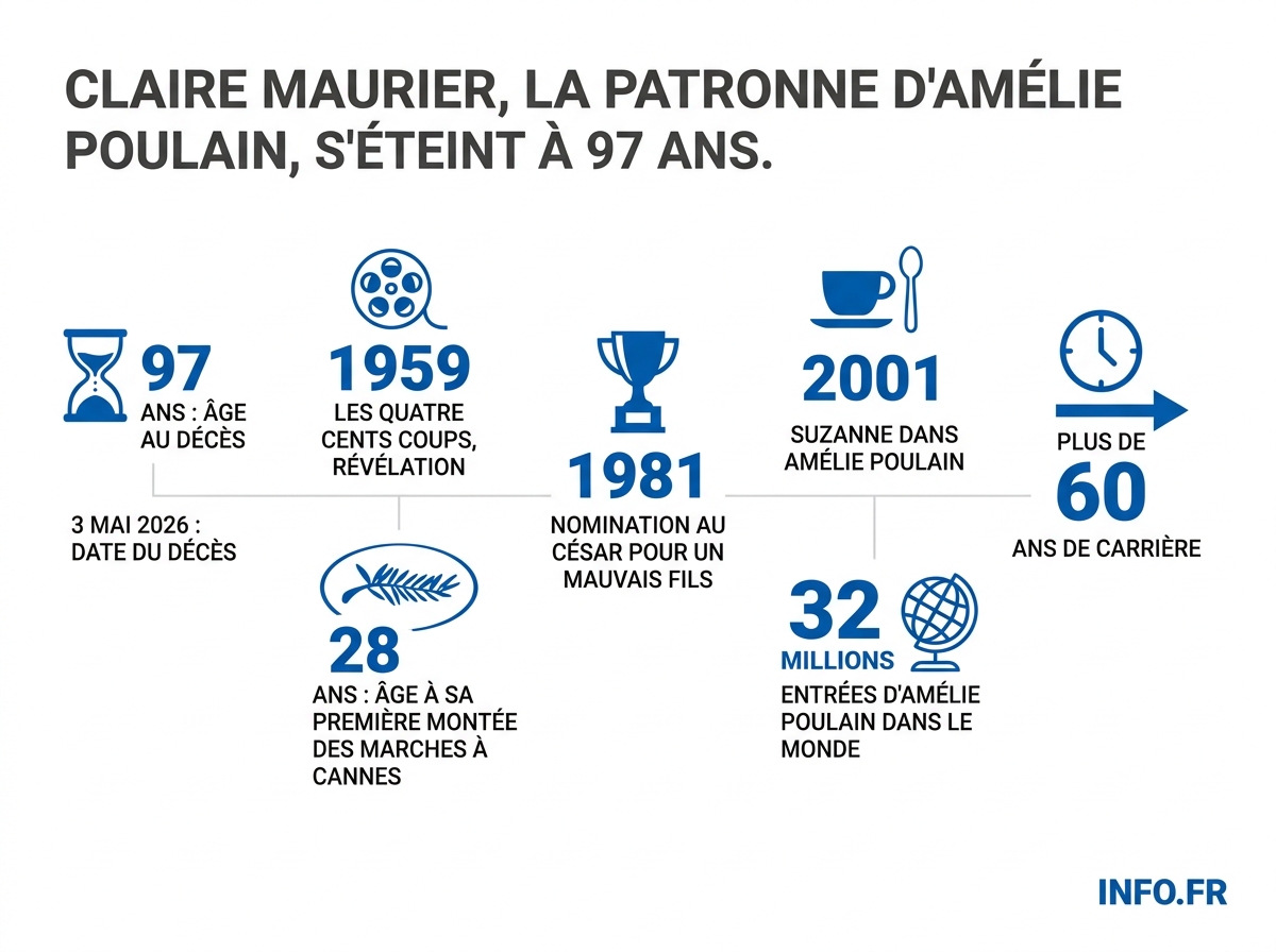Chiffres clés de la carrière de Claire Maurier, comédienne française morte le 3 mai 2026 à 97 ans.