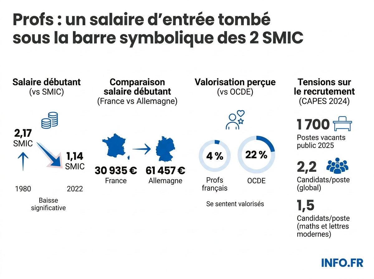 Évolution comparée du salaire d'entrée d'un prof certifié et du SMIC entre 1980 et 2022 et état du recrutement 2025.