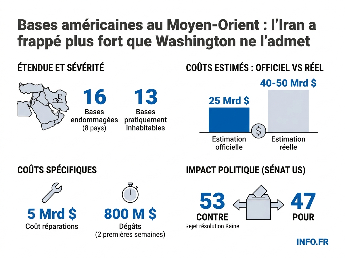 Les chiffres clés des dommages causés aux bases militaires américaines au Moyen-Orient par les frappes iraniennes selon l'enquête de CNN.