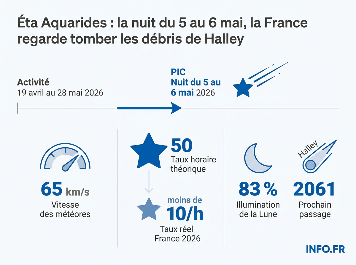 Données clés des Éta Aquarides 2026: pic, taux horaire, vitesse des météores et conditions lunaires.