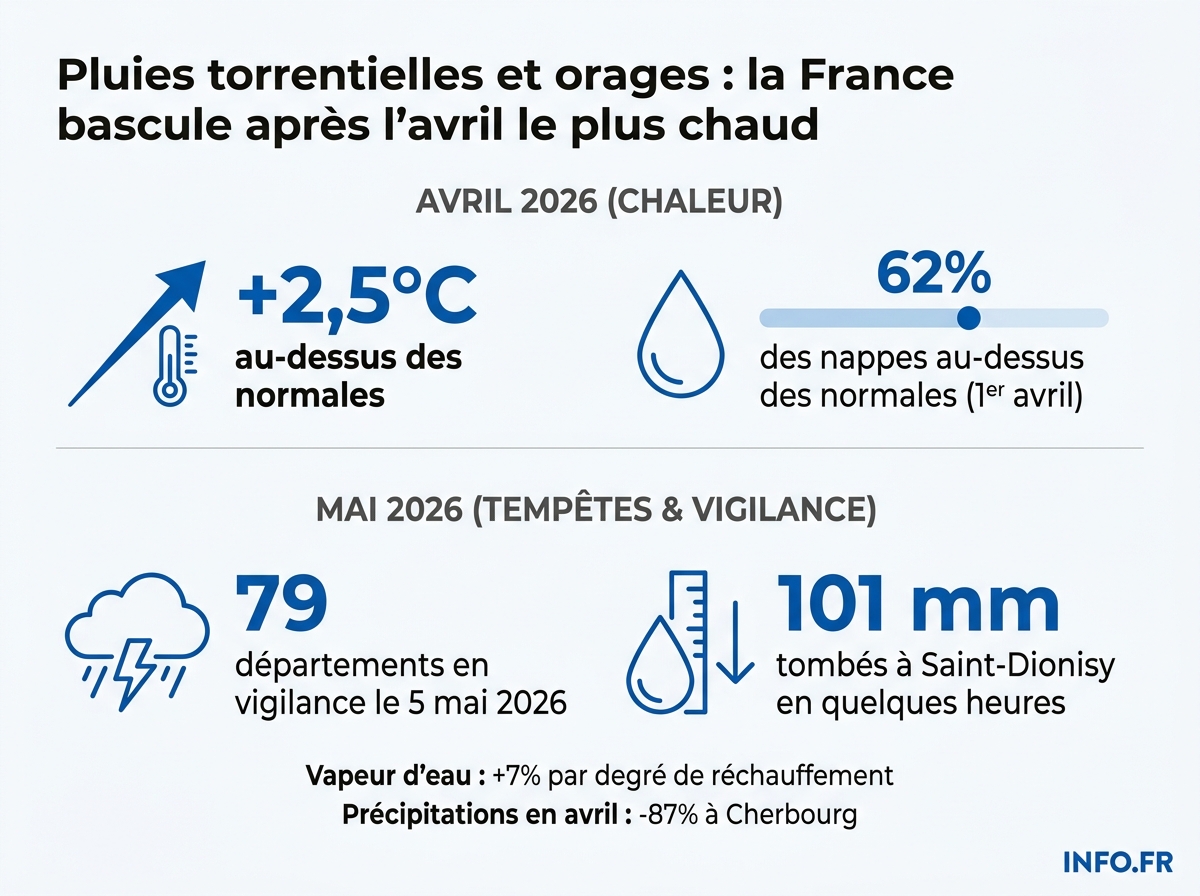 Données chiffrées de l'épisode pluvio-orageux de début mai 2026 et de l'avril historiquement chaud qui l'a précédé.