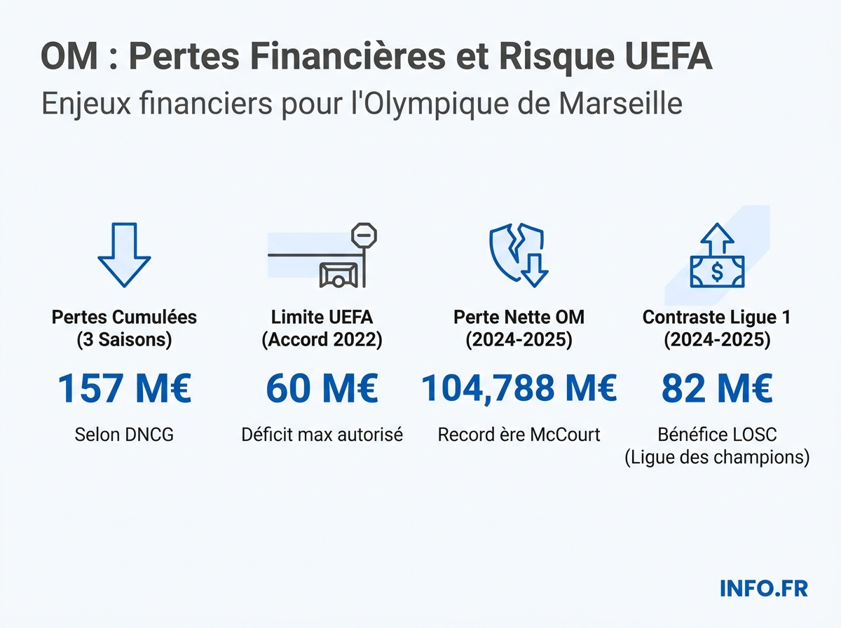 Comparatif des pertes financières de l'OM sur 3 saisons face au plafond UEFA de 60 millions d'euros, et contexte du déficit Ligue 1 2024-2025.