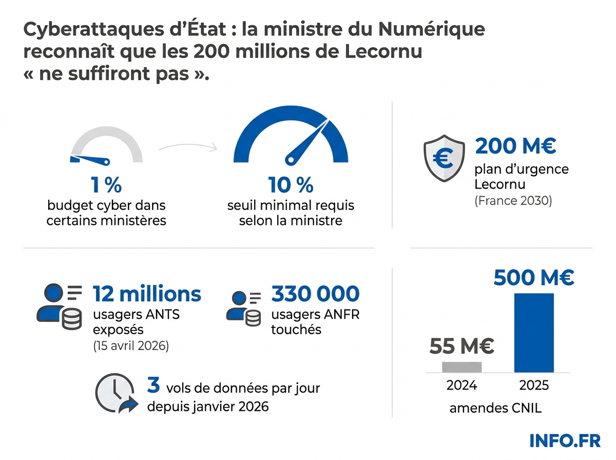 Comparaison du budget cybersécurité réel des ministères français (1 %) avec le seuil minimal requis (10 %) et bilan des cyberattaques d'État début 2026.