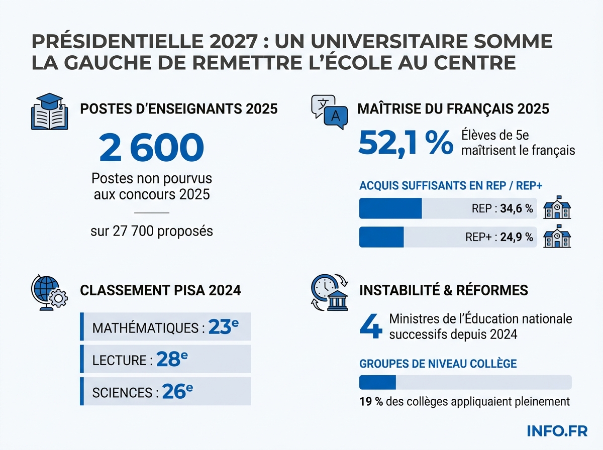 Indicateurs clés de la crise scolaire française à l'approche de la présidentielle 2027.
