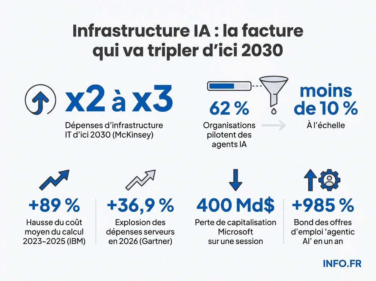 Évolution projetée des dépenses d'infrastructure IT mondiales liées à l'IA agentique entre 2025 et 2030, selon McKinsey, Gartner et IDC.