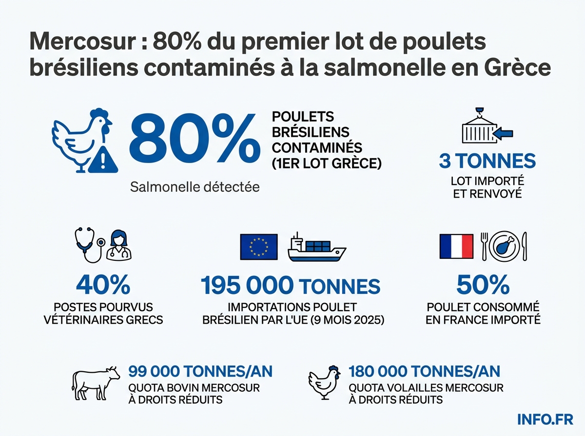Infographie sur la contamination de 80% du premier lot de poulets brésiliens importés en Grèce dans le cadre de l'accord UE-Mercosur appliqué depuis le 1er mai 2026.