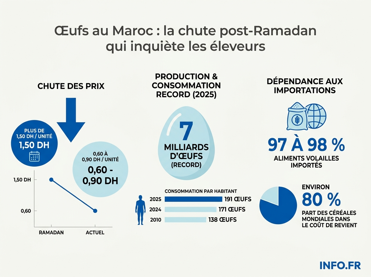 Évolution du prix unitaire de l'œuf au Maroc entre le Ramadan 2026 et la période post-Ramadan, avec données de production et de consommation.