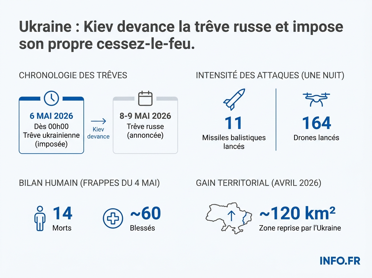 Comparaison des deux trêves unilatérales annoncées par l'Ukraine et la Russie en mai 2026, avec le bilan des frappes en cours.