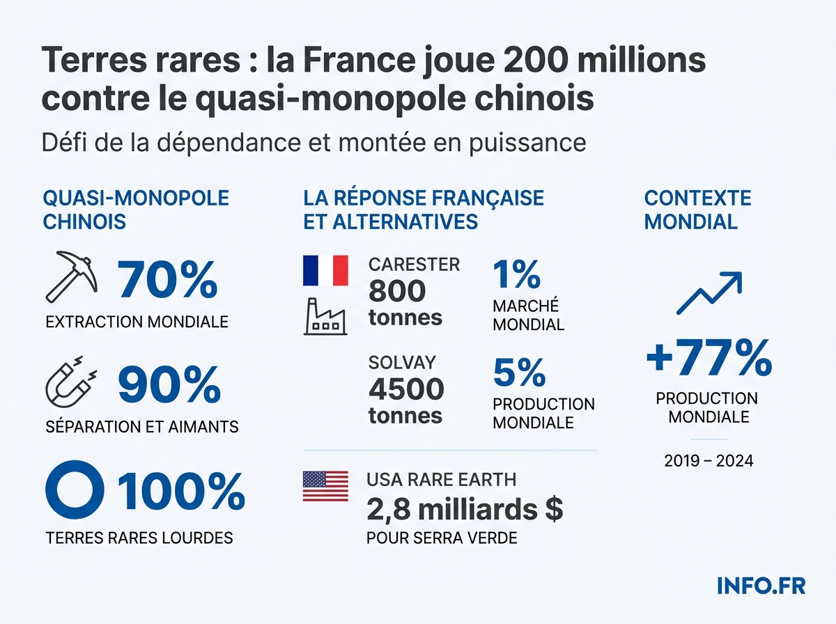 Comparaison entre la part de la Chine dans la chaîne de valeur des terres rares et les objectifs français annoncés en mai 2026.