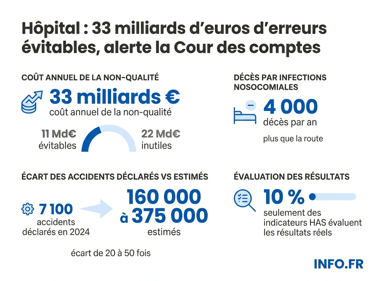 Infographie présentant les chiffres clés du rapport de la Cour des comptes 2026 sur la qualité des soins en France: coûts, décès, sous-déclaration.