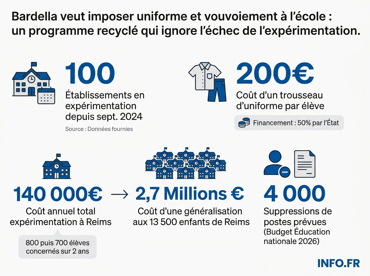 Infographie chiffrée sur le coût et le bilan de l'expérimentation française de l'uniforme scolaire à Reims.