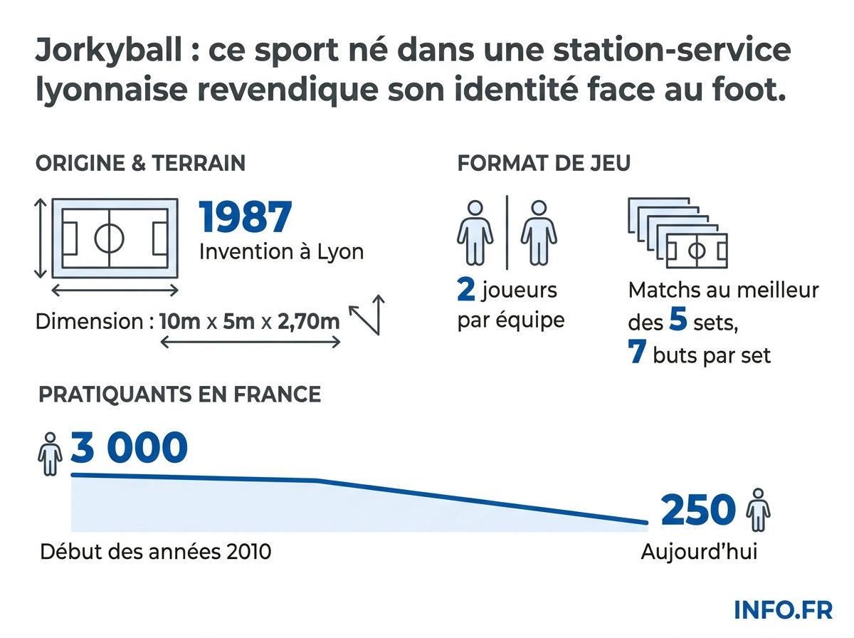 Infographie présentant les principales caractéristiques techniques et l'évolution du jorkyball depuis sa création en 1987.