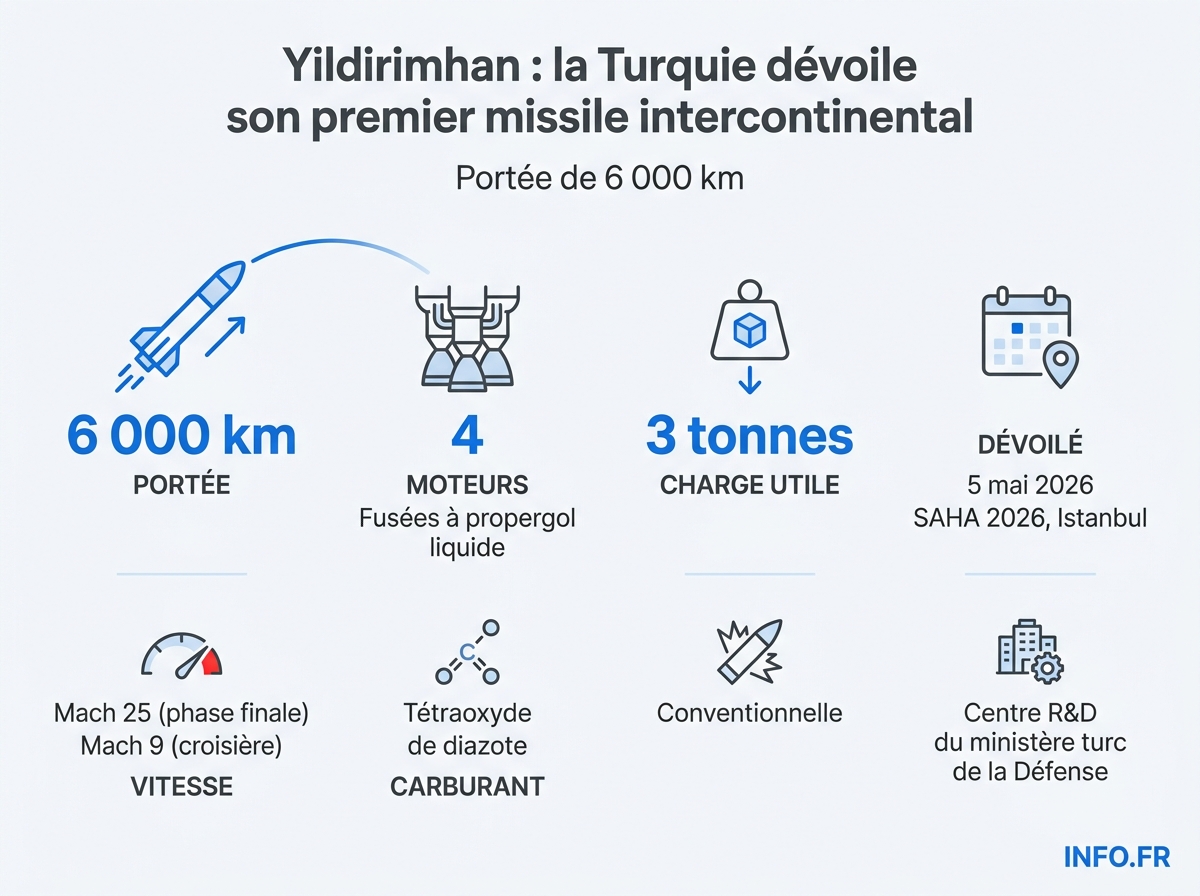 Caractéristiques techniques du missile balistique intercontinental turc Yildirimhan dévoilé à Istanbul le 5 mai 2026.