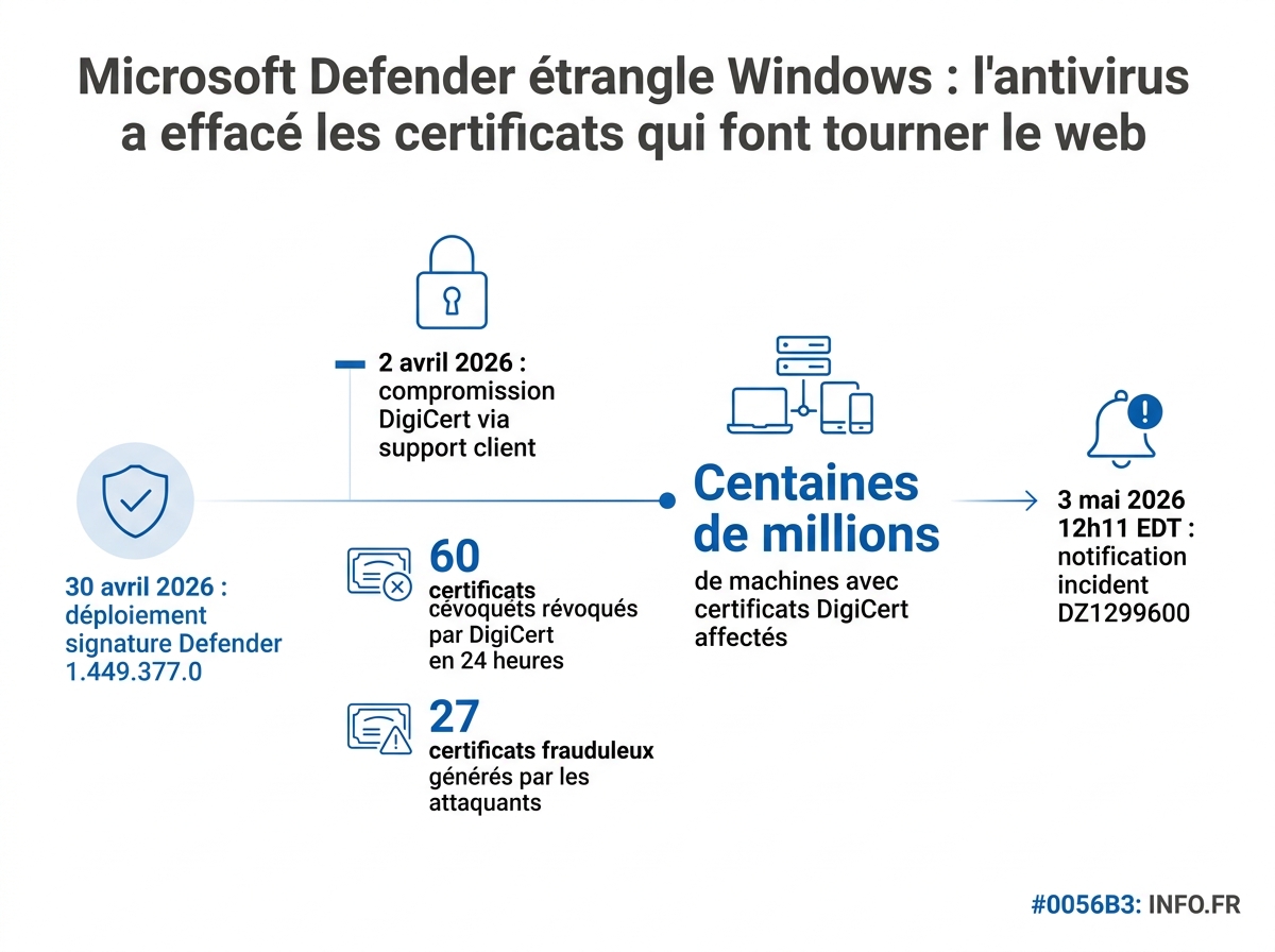 Chronologie de l'incident Microsoft Defender / DigiCert: de la compromission initiale au déploiement du correctif.