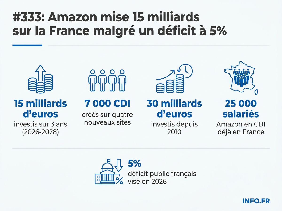 Répartition de l'investissement de 15 milliards d'euros d'Amazon en France entre logistique, cloud AWS et intelligence artificielle, et localisation des 7 000 CDI sur quatre nouveaux centres de distribution.