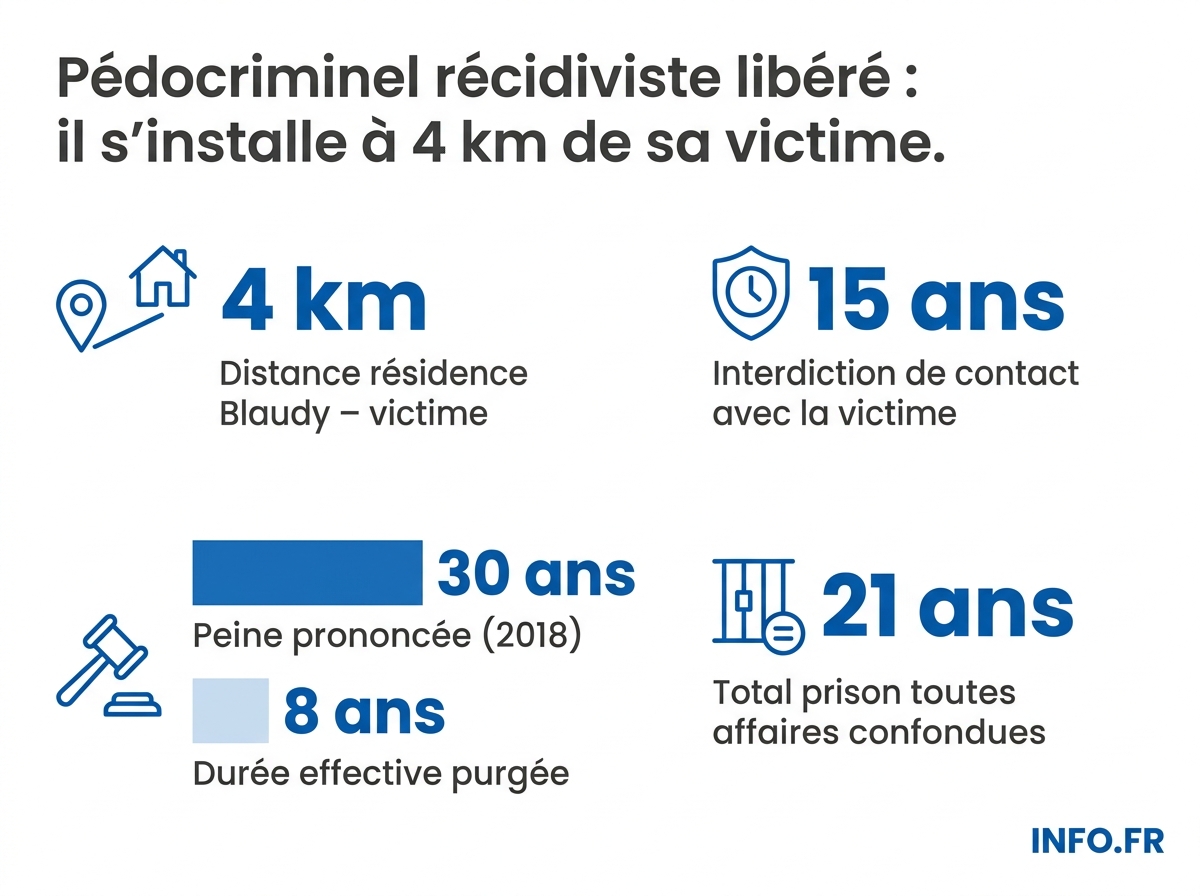 Les chiffres clés de l'affaire Blaudy-Jambu: peine prononcée, peine effective, distance entre l'agresseur libéré et sa victime à Rennes.