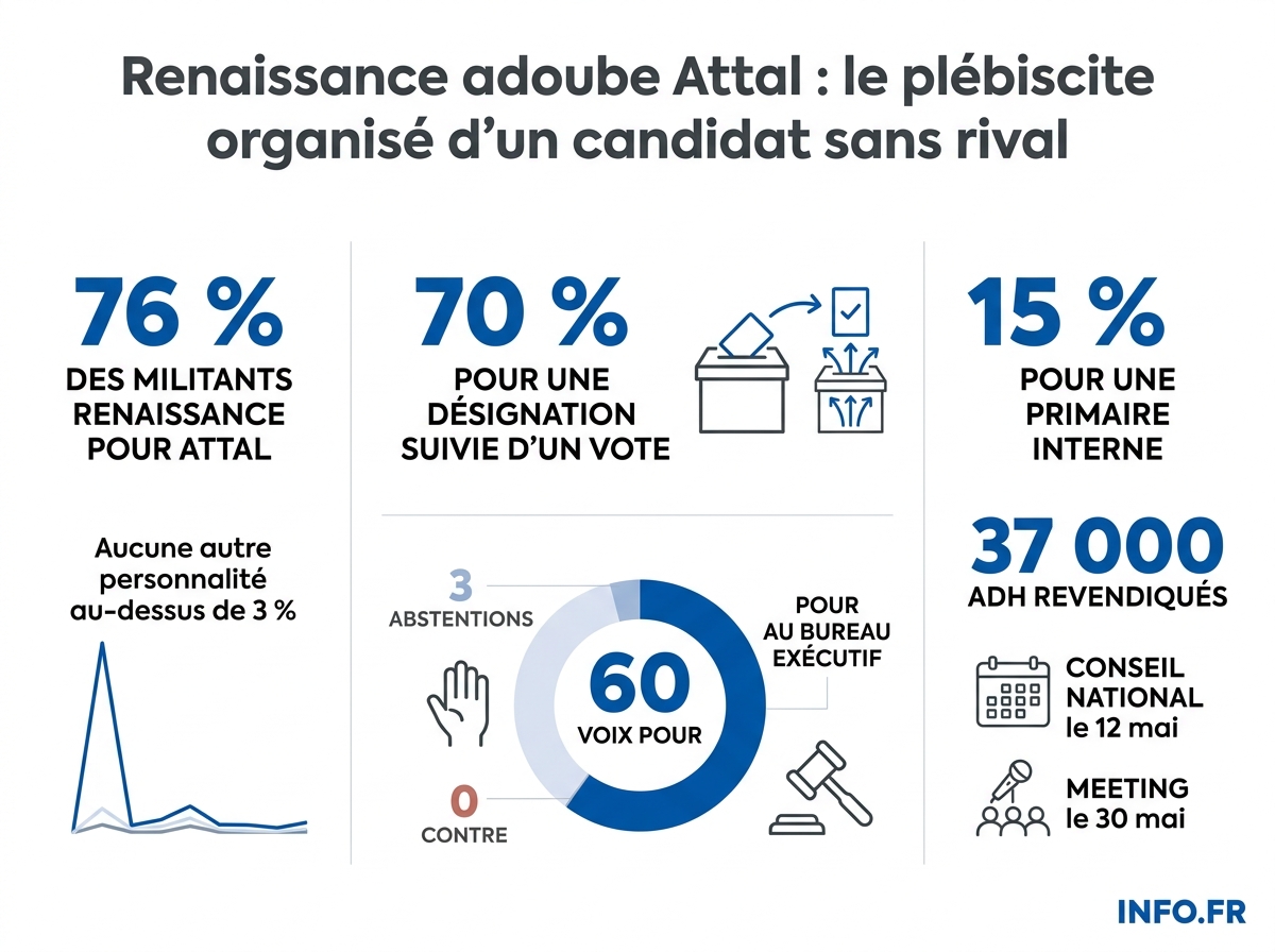 Résultats des consultations internes de Renaissance sur la désignation du candidat à la présidentielle 2027.