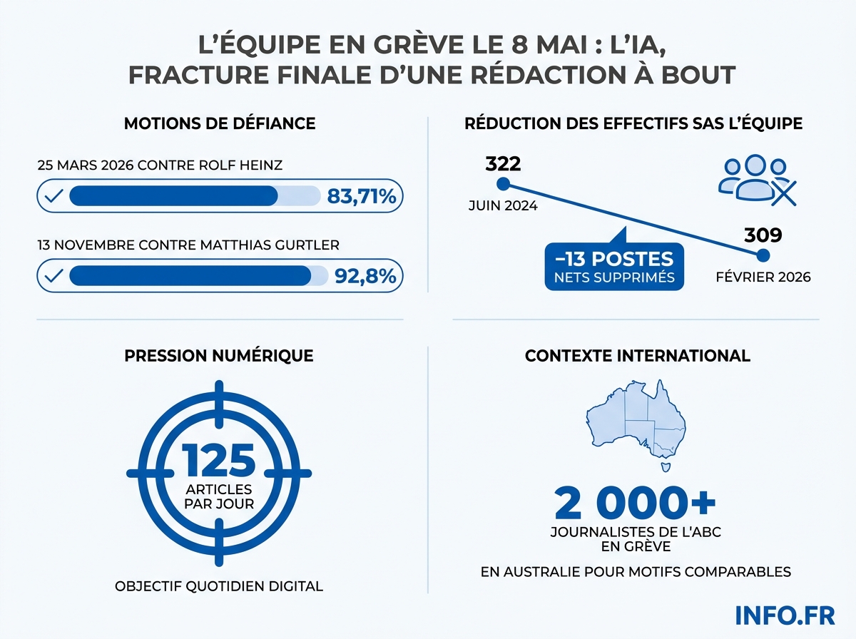 Chiffres clés du conflit social à L'Équipe: motions de défiance, suppressions de postes et déploiement de l'IA.