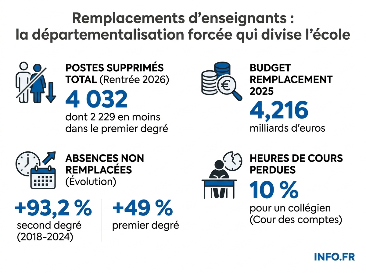 Infographie sur la réforme du remplacement des enseignants à la rentrée 2026: suppressions de postes et hausse des absences non remplacées en France.