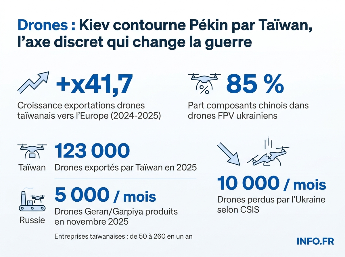 Données chiffrées sur la bascule de la chaîne d'approvisionnement des drones entre la Chine, Taïwan et l'Ukraine en 2025-2026.