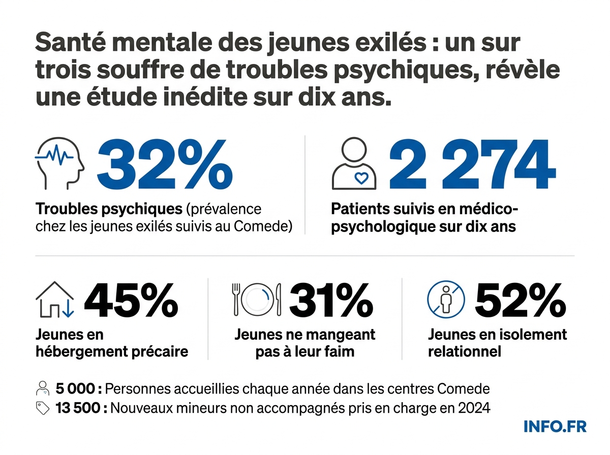 Données chiffrées de l'étude du Comede 2015-2025 sur la santé mentale des jeunes exilés en France, publiée dans le Bulletin épidémiologique hebdomadaire de Santé publique France.