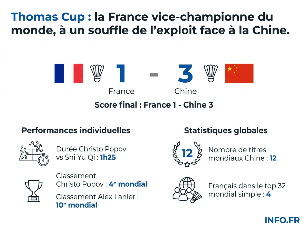 Résultats clés de la finale Thomas Cup 2026 entre la France et la Chine, à Horsens, et trajectoire du badminton français.