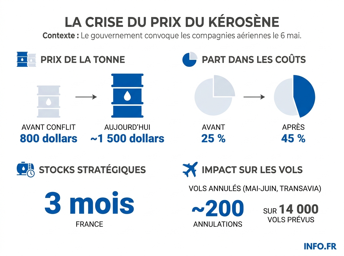 Évolution du prix du kérosène et impact sur les coûts des compagnies aériennes françaises depuis février 2026.